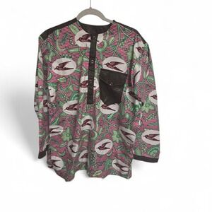 Mens African Print Dashiki Shirt Pink Green Bird Pattern Long Sleeve Top 19x29